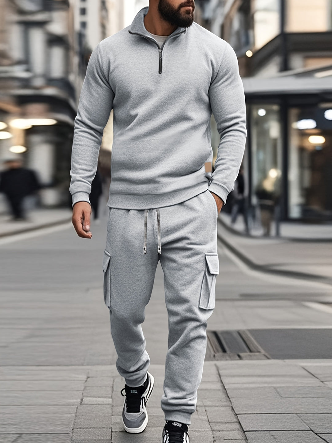 Męski Retro Sportpak | Sweatshirt z Pół-Zipem i Spodnie Robocze | Modny i Funkcjonalny