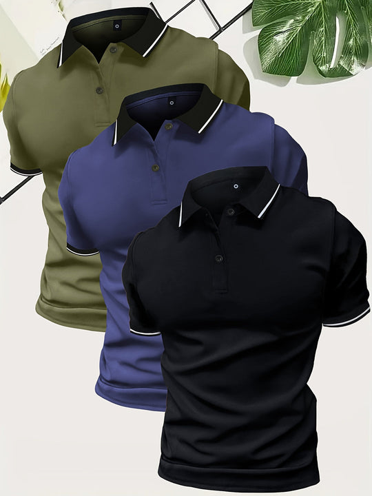 Mężczyzna | Zestaw 3 Koszulek Polo | Krótki Rękaw | Gładki Design | Lekka Tkanina | Styl Casual