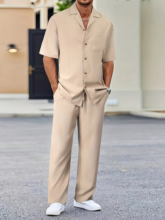Mężczyzna | Zestaw Dwuczęściowy | Koszula z Krótkim Rękawem | Proste Spodnie | Standard Fit | Casual