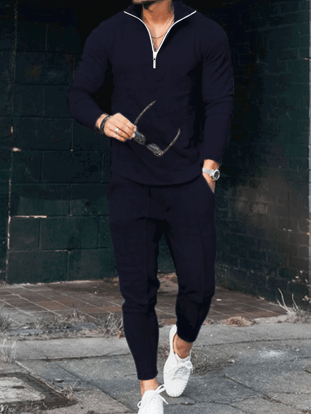 Mężczyzna | Dres 2-Częściowy | Bluza z Zamkiem 1/4 | Spodnie ze Sznurkiem | Styl Sportowy