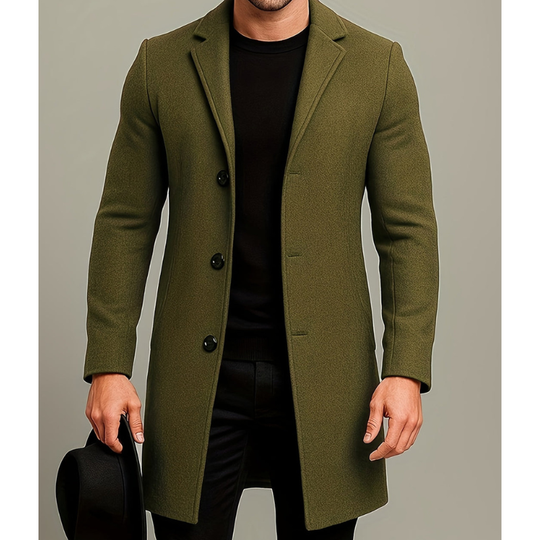 Mężczyzna | Długa Kurtka Zimowa | Regular Fit | Zapięcie na Guziki | Klasyczne Klapy | Styl Formalny i Casual