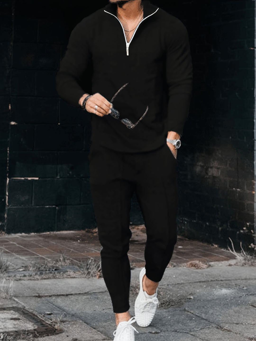 Mężczyzna | Dres 2-Częściowy | Bluza z Zamkiem 1/4 | Spodnie ze Sznurkiem | Styl Sportowy