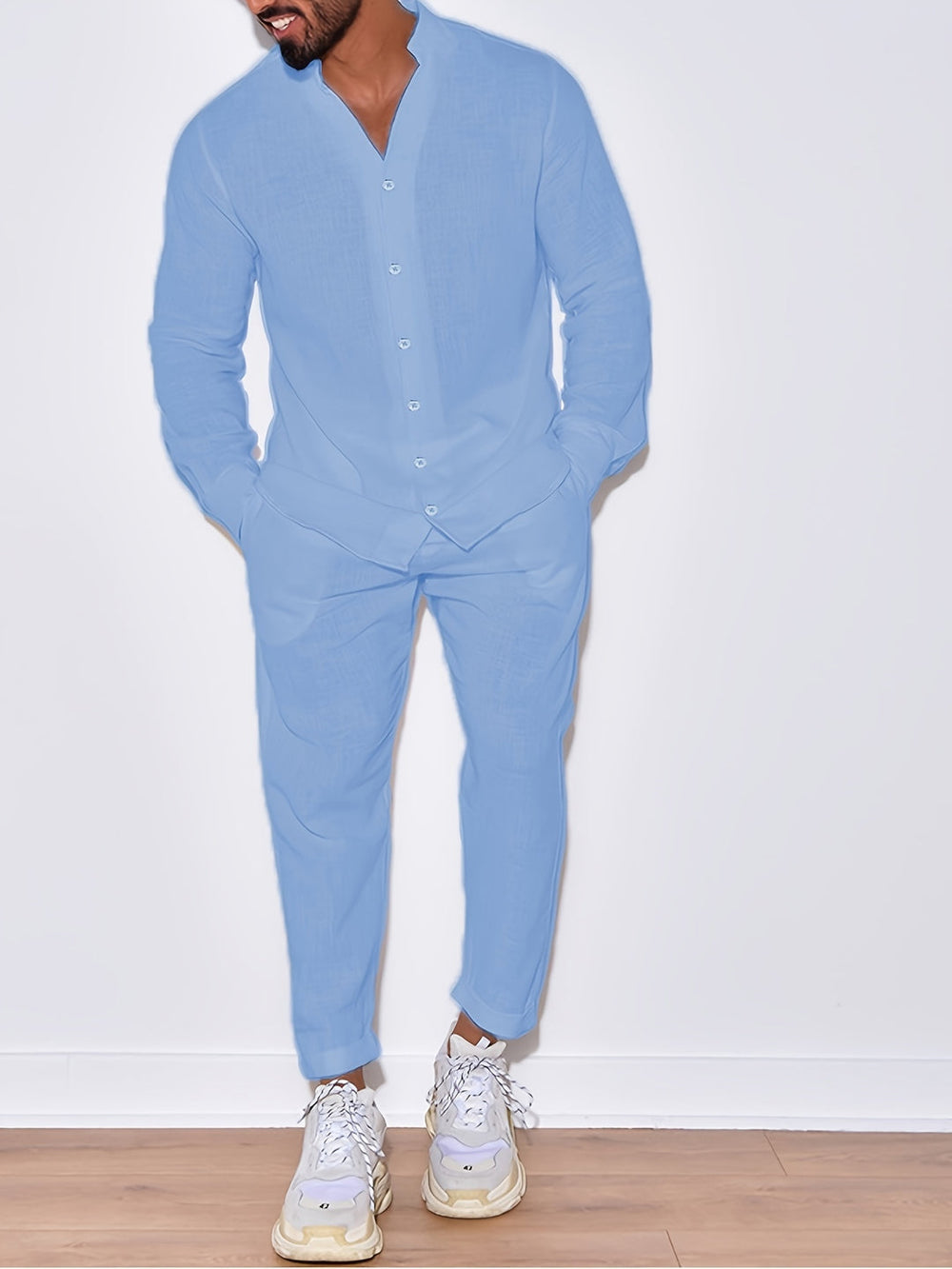 Mężczyzna | Zestaw Dwuczęściowy | Koszula z Długim Rękawem | Kołnierzyk Stojący | Spodnie z Elastycznym Pasem | Regular Fit