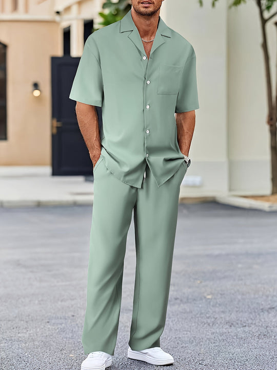 Mężczyzna | Zestaw Dwuczęściowy | Koszula z Krótkim Rękawem | Proste Spodnie | Standard Fit | Casual