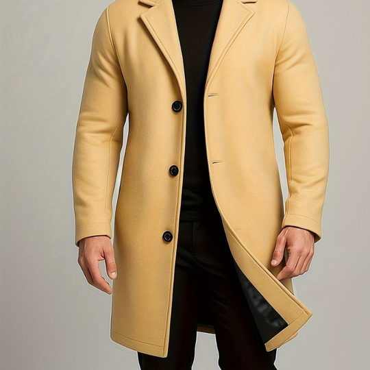 Mężczyzna | Długa Kurtka Zimowa | Regular Fit | Zapięcie na Guziki | Klasyczne Klapy | Styl Formalny i Casual