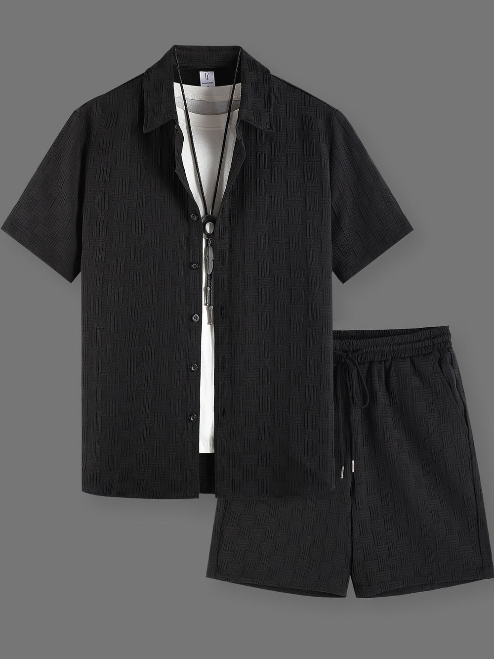 Mężczyzna | Zestaw Letni | Haftowana Koszula | Spodenki z Troczkiem | Casual Fit | Dwuczęściowy