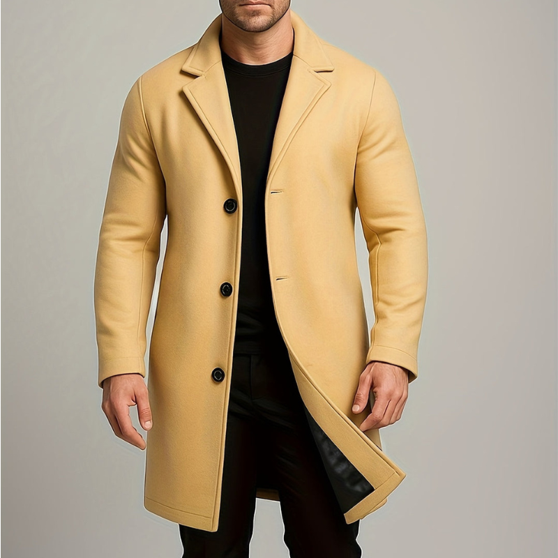Mężczyzna | Długa Kurtka Zimowa | Regular Fit | Zapięcie na Guziki | Klasyczne Klapy | Styl Formalny i Casual