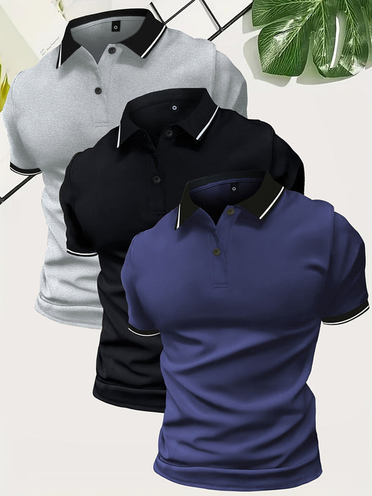 Mężczyzna | Zestaw 3 Koszulek Polo | Krótki Rękaw | Gładki Design | Lekka Tkanina | Styl Casual