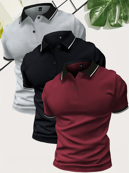 Mężczyzna | Zestaw 3 Koszulek Polo | Krótki Rękaw | Gładki Design | Lekka Tkanina | Styl Casual
