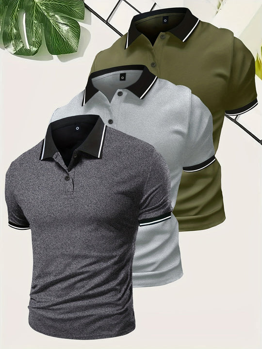 Mężczyzna | Zestaw 3 Koszulek Polo | Krótki Rękaw | Gładki Design | Lekka Tkanina | Styl Casual