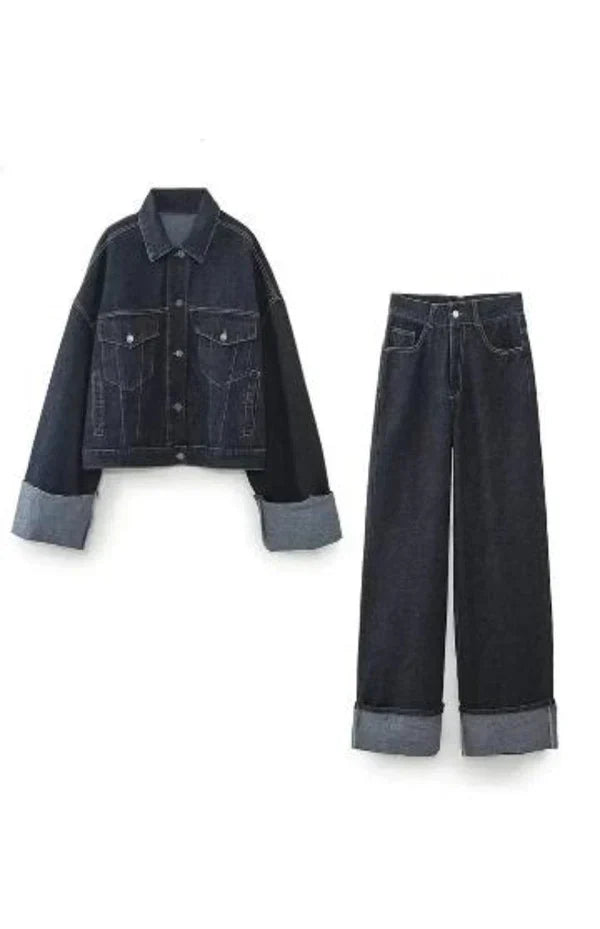 Denimowe Duo | Dwuczęściowy Zestaw z Oversized Kurtką i Prosto Ciętymi Spodniami | Styl Premium