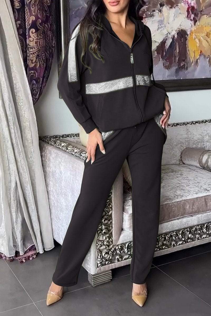 Kobieta | Dwuczęściowy Zestaw z Brokatowymi Detalami | Bluza z Kapturem na Zamek | Wygodne Spodnie | Nowoczesny Styl Casualowy