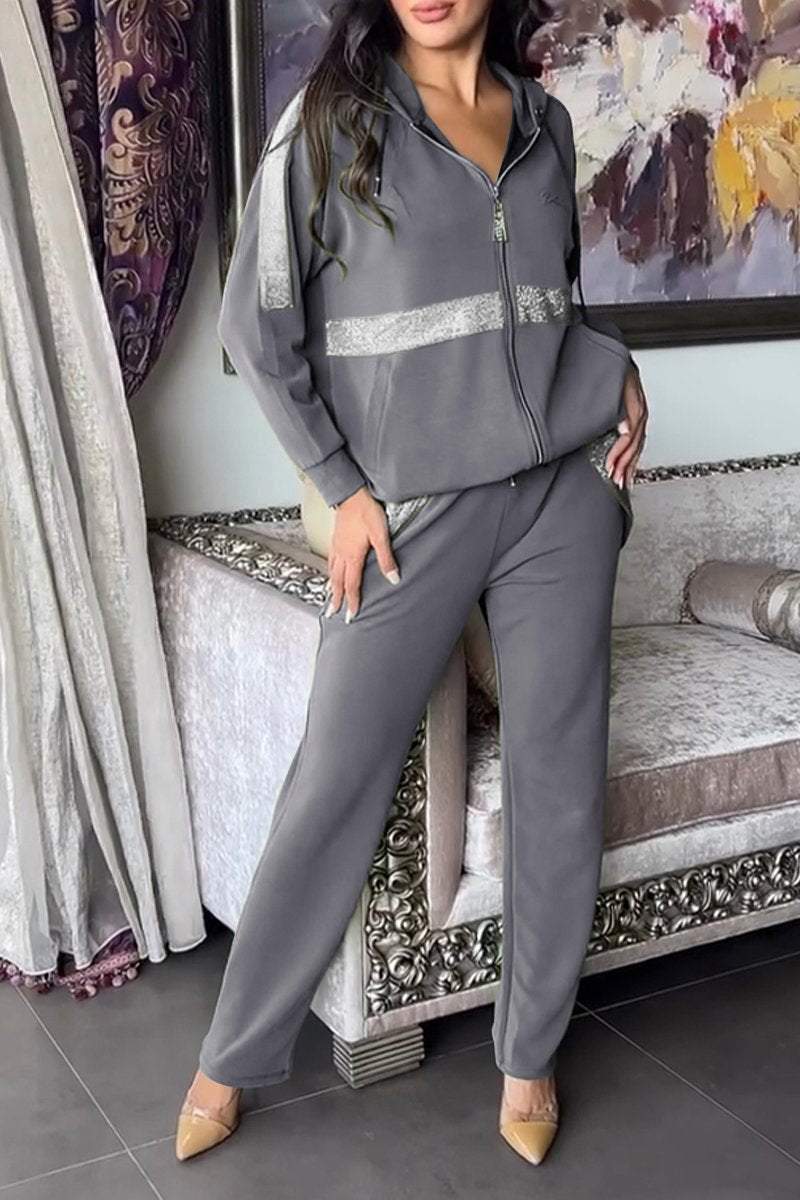 Kobieta | Dwuczęściowy Zestaw z Brokatowymi Detalami | Bluza z Kapturem na Zamek | Wygodne Spodnie | Nowoczesny Styl Casualowy