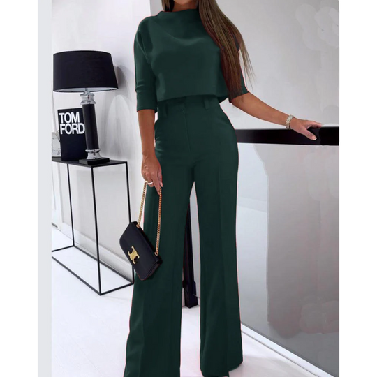 Kobieta | Garnitur Damski | Spodnie z Szerokimi Nogawkami | Regular Fit | Elegancki Top | All-Season