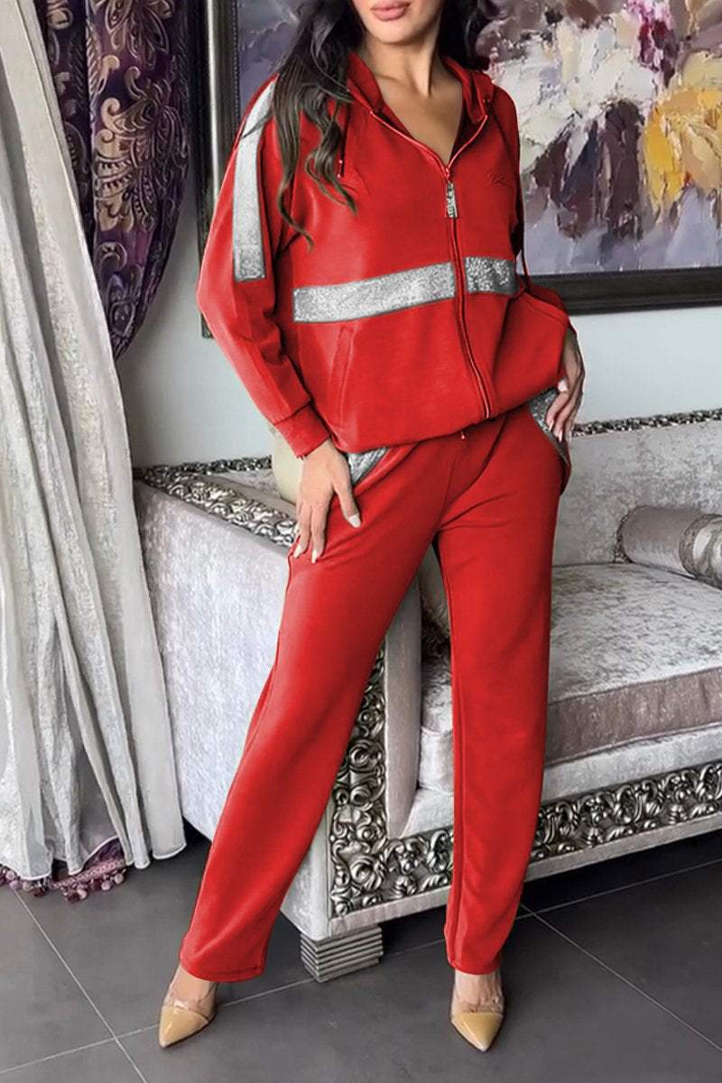 Kobieta | Dwuczęściowy Zestaw z Brokatowymi Detalami | Bluza z Kapturem na Zamek | Wygodne Spodnie | Nowoczesny Styl Casualowy