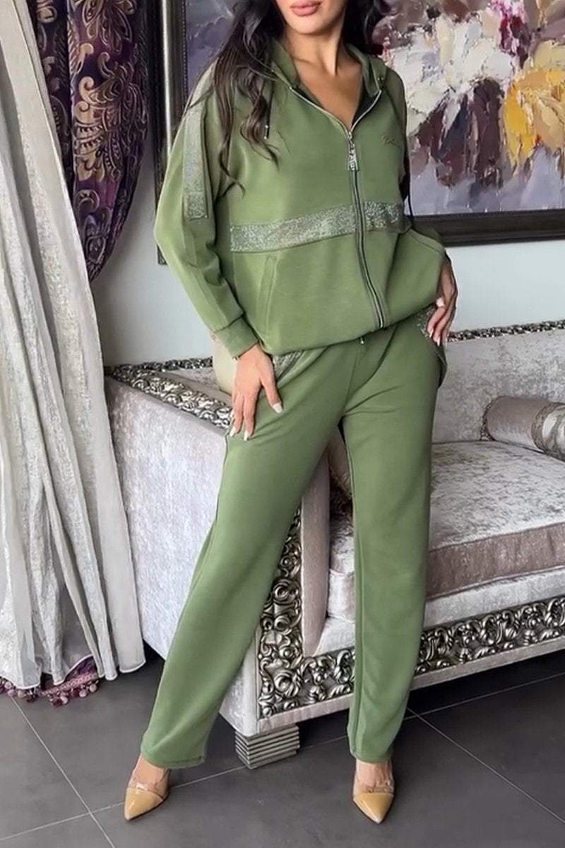 Kobieta | Dwuczęściowy Zestaw z Brokatowymi Detalami | Bluza z Kapturem na Zamek | Wygodne Spodnie | Nowoczesny Styl Casualowy