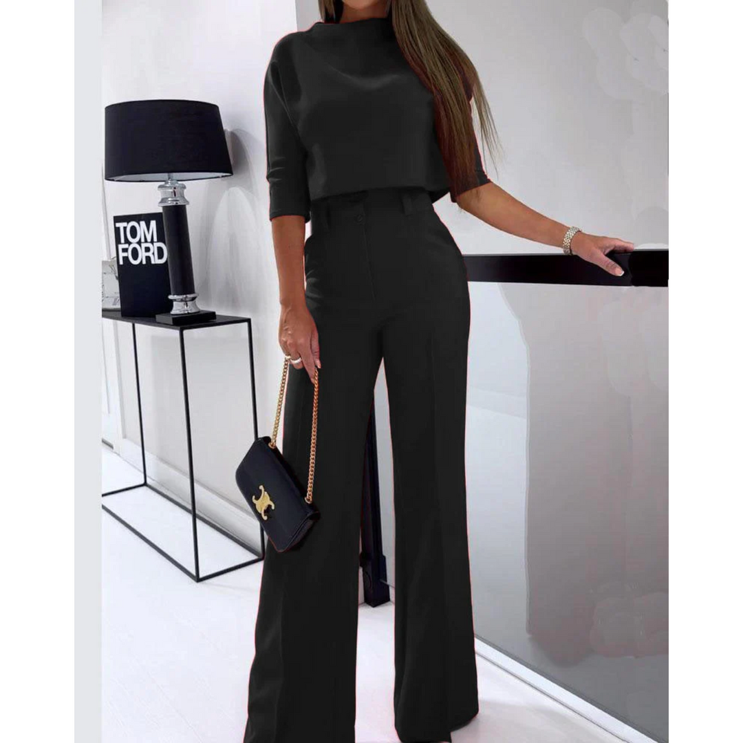 Kobieta | Garnitur Damski | Spodnie z Szerokimi Nogawkami | Regular Fit | Elegancki Top | All-Season
