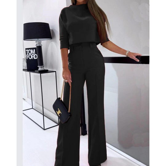 Kobieta | Garnitur Damski | Spodnie z Szerokimi Nogawkami | Regular Fit | Elegancki Top | All-Season