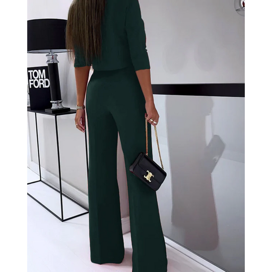 Kobieta | Garnitur Damski | Spodnie z Szerokimi Nogawkami | Regular Fit | Elegancki Top | All-Season