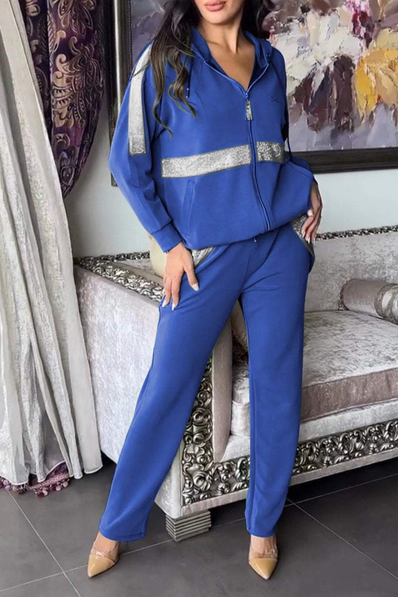 Kobieta | Dwuczęściowy Zestaw z Brokatowymi Detalami | Bluza z Kapturem na Zamek | Wygodne Spodnie | Nowoczesny Styl Casualowy
