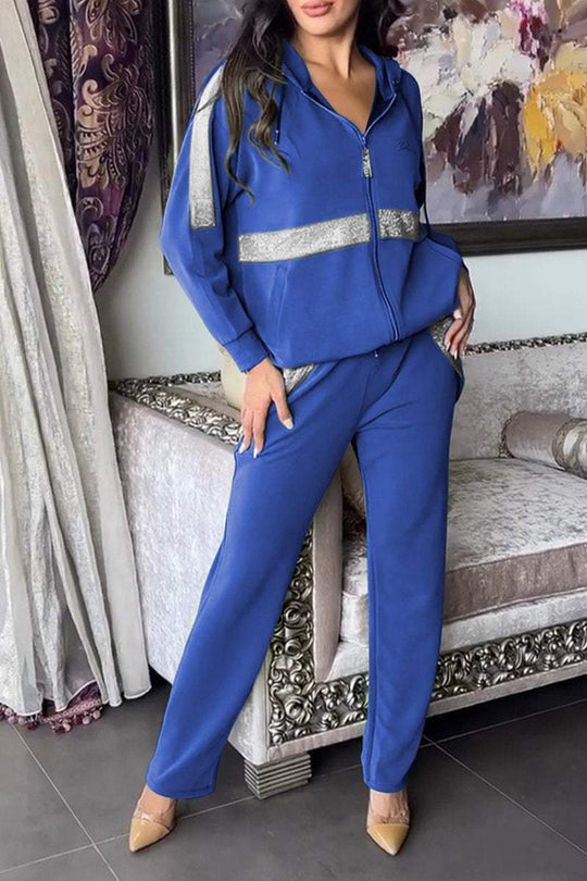 Kobieta | Dwuczęściowy Zestaw z Brokatowymi Detalami | Bluza z Kapturem na Zamek | Wygodne Spodnie | Nowoczesny Styl Casualowy