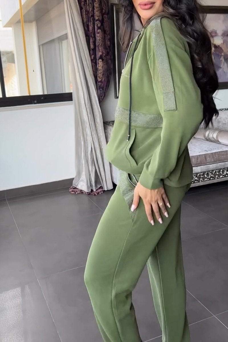 Kobieta | Dwuczęściowy Zestaw z Brokatowymi Detalami | Bluza z Kapturem na Zamek | Wygodne Spodnie | Nowoczesny Styl Casualowy