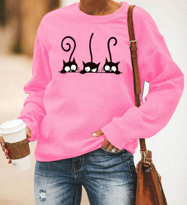 Damski Sweter – Oversized Krój – Mieszanka Bawełny – Długie Rękawy – Wzór z Kotami