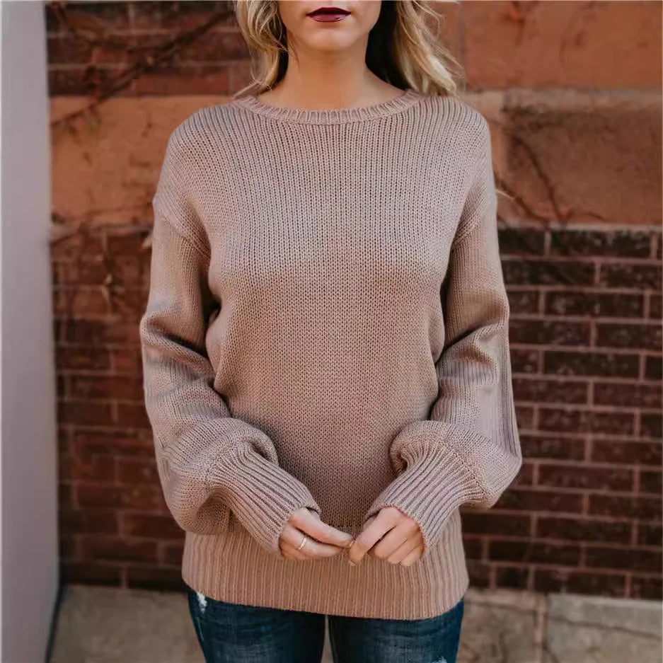 Damski Sweter – Grubo Pleciony – Oversized Krój – Obniżone Ramiona – Żebrowane Rękawy