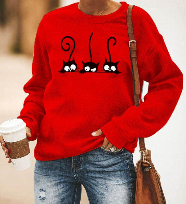 Damski Sweter – Oversized Krój – Mieszanka Bawełny – Długie Rękawy – Wzór z Kotami