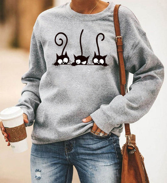Damski Sweter – Oversized Krój – Mieszanka Bawełny – Długie Rękawy – Wzór z Kotami