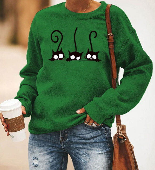Damski Sweter – Oversized Krój – Mieszanka Bawełny – Długie Rękawy – Wzór z Kotami