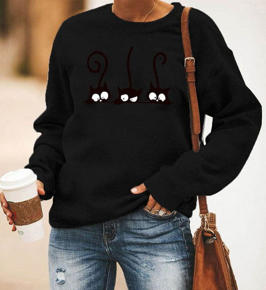 Damski Sweter – Oversized Krój – Mieszanka Bawełny – Długie Rękawy – Wzór z Kotami