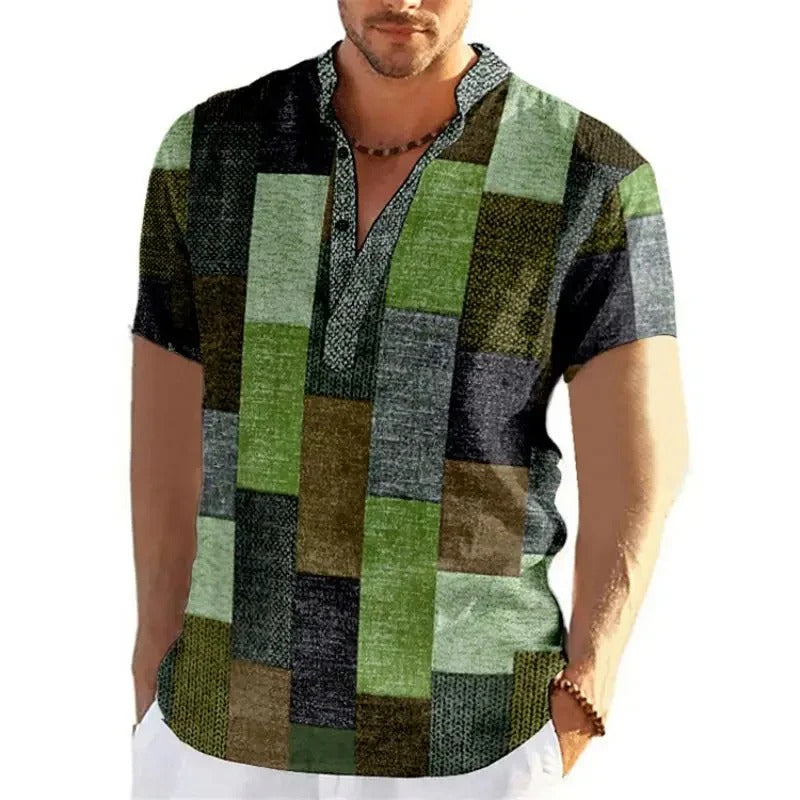 Męska Koszula Patchwork 3D z Krótkim Rękawem Duże Rozmiary | Graficzny Wzór | Luźny Krój | Na Wiosnę i Lato