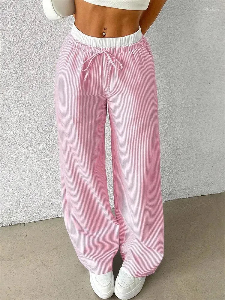 Damskie Szerokie Spodnie w Pionowe Paski | Szerokie Nogawki | Pełna Długość | Eleganckie Spodnie Casual na Co Dzień i Wyjścia