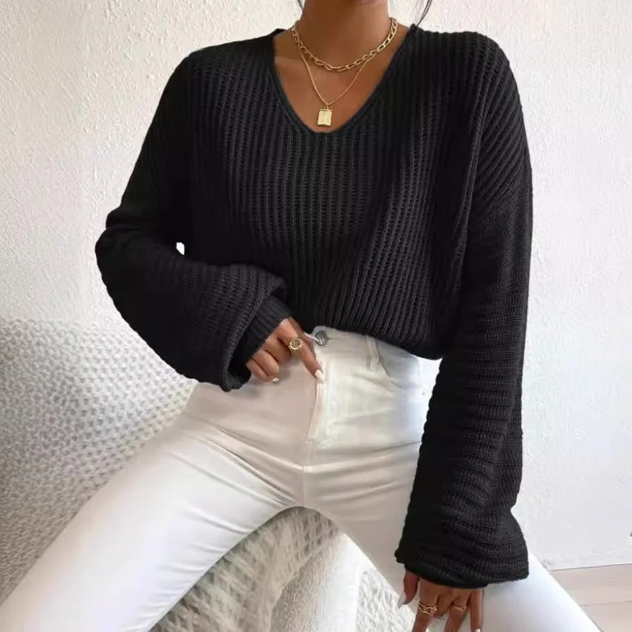 Damski sweter – Luźny krój – Dekolt w serek – Dzianina prążkowana – Długie rękawy w stylu casual