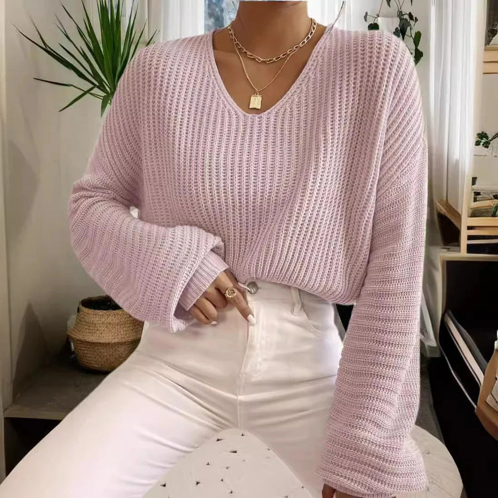 Damski sweter – Luźny krój – Dekolt w serek – Dzianina prążkowana – Długie rękawy w stylu casual