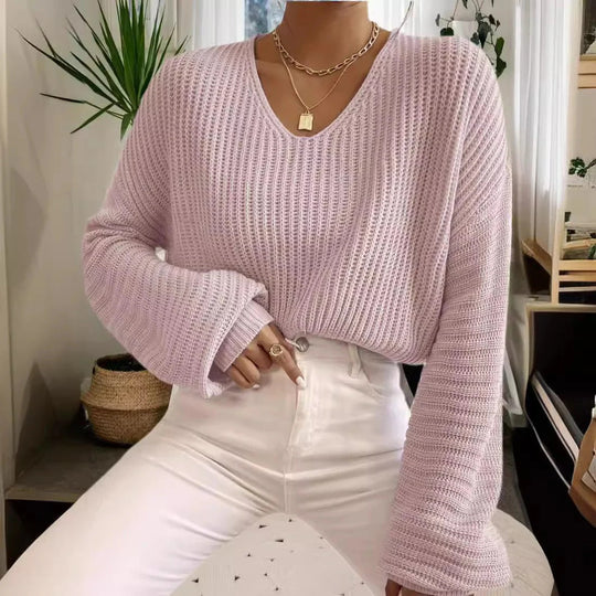 Damski sweter – Luźny krój – Dekolt w serek – Dzianina prążkowana – Długie rękawy w stylu casual