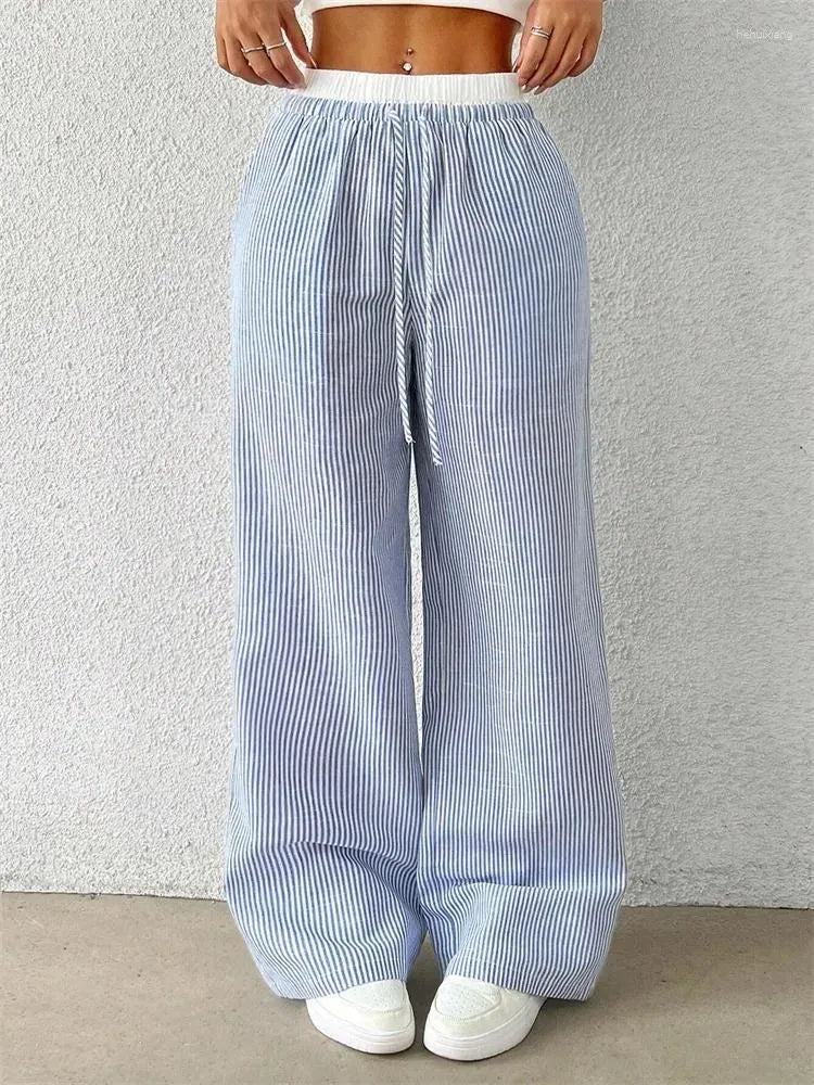 Damskie Szerokie Spodnie w Pionowe Paski | Szerokie Nogawki | Pełna Długość | Eleganckie Spodnie Casual na Co Dzień i Wyjścia