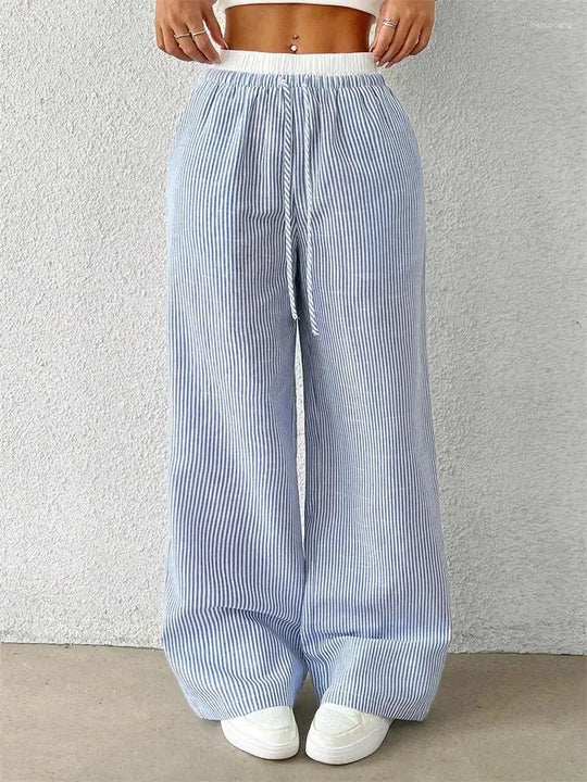 Damskie Szerokie Spodnie w Pionowe Paski | Szerokie Nogawki | Pełna Długość | Eleganckie Spodnie Casual na Co Dzień i Wyjścia