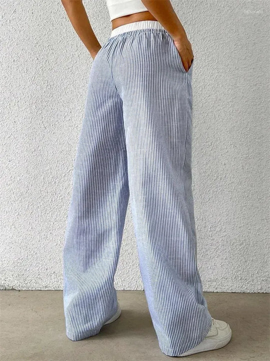 Damskie Szerokie Spodnie w Pionowe Paski | Szerokie Nogawki | Pełna Długość | Eleganckie Spodnie Casual na Co Dzień i Wyjścia