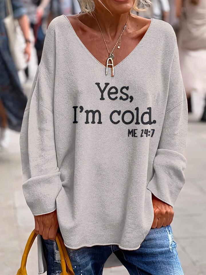 Damski Sweter – Oversize Krój – Miękki Knit – Dekolt w Serek – Graficzny Print Casual