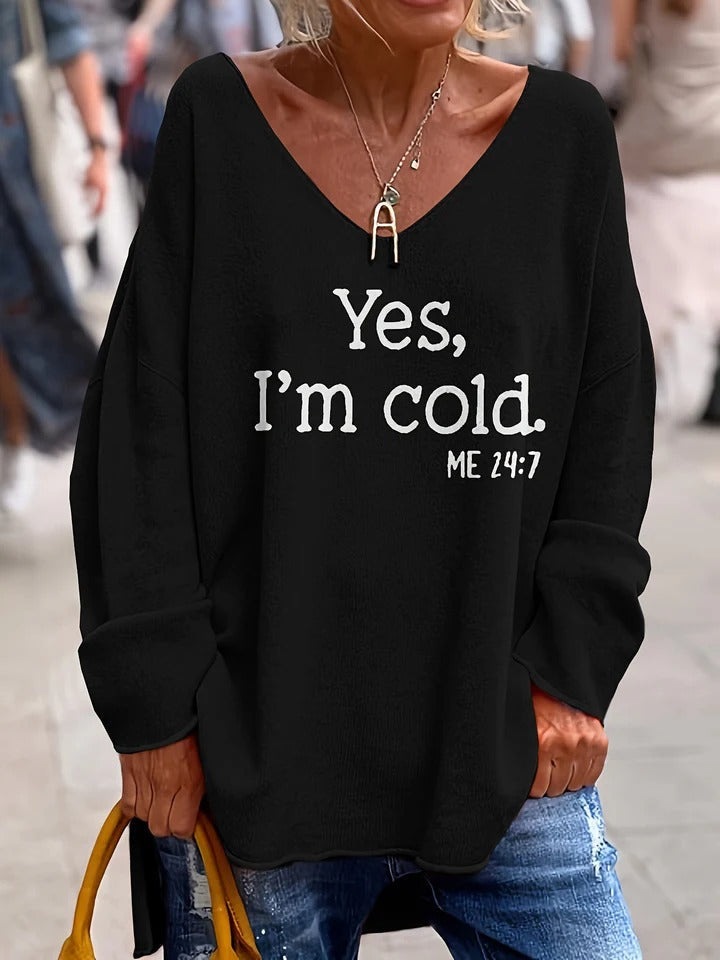 Damski Sweter – Oversize Krój – Miękki Knit – Dekolt w Serek – Graficzny Print Casual