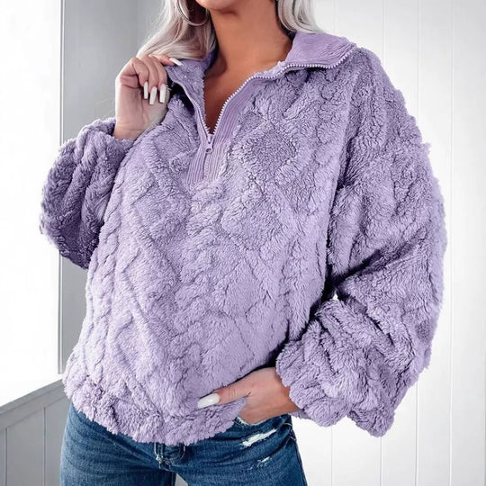 Damski Sweter – Luźny Krój – Sztuczne Futro – Pikowany Wzór – Zamek na Pół