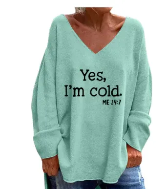Damski Sweter – Oversize Krój – Miękki Knit – Dekolt w Serek – Graficzny Print Casual