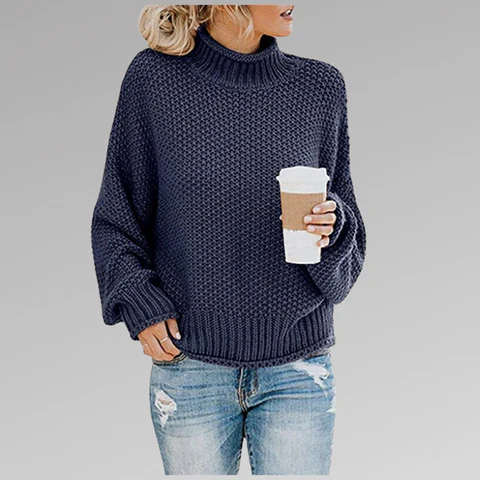 Damski Sweter – Oversized Krój – Mieszanka Wełny – Wysoka Szyja – Żebrowane Rękawy
