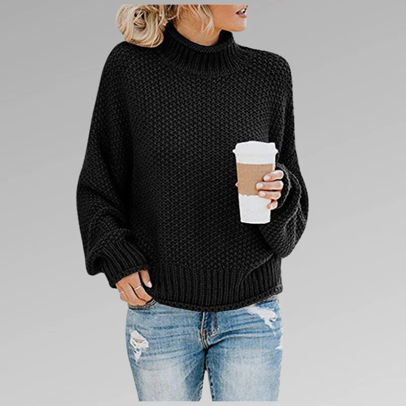 Damski Sweter – Oversized Krój – Mieszanka Wełny – Wysoka Szyja – Żebrowane Rękawy