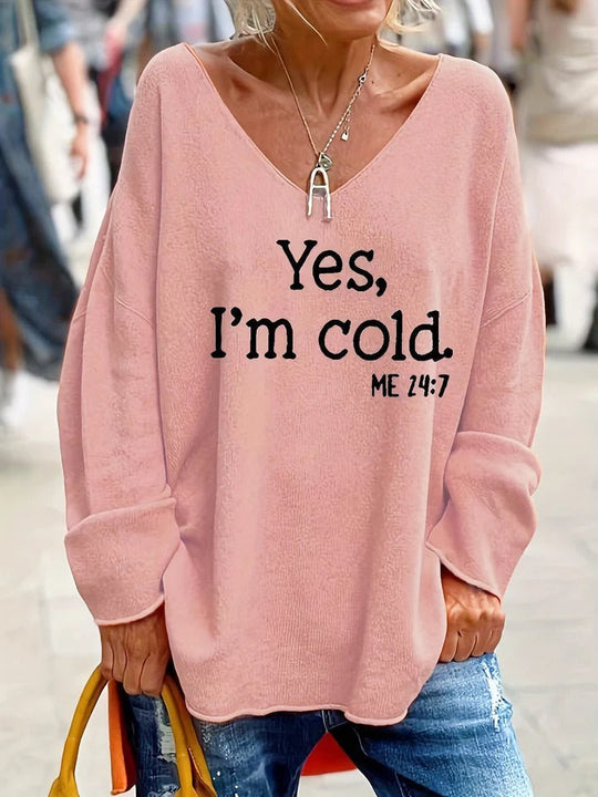 Damski Sweter – Oversize Krój – Miękki Knit – Dekolt w Serek – Graficzny Print Casual