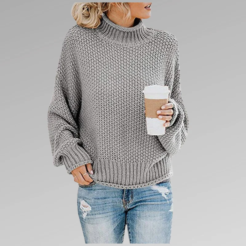 Damski Sweter – Oversized Krój – Mieszanka Wełny – Wysoka Szyja – Żebrowane Rękawy