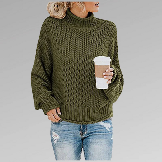Damski Sweter – Oversized Krój – Mieszanka Wełny – Wysoka Szyja – Żebrowane Rękawy