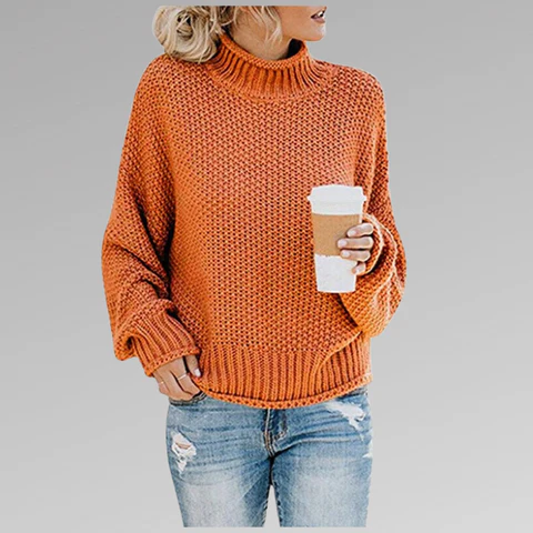 Damski Sweter – Oversized Krój – Mieszanka Wełny – Wysoka Szyja – Żebrowane Rękawy